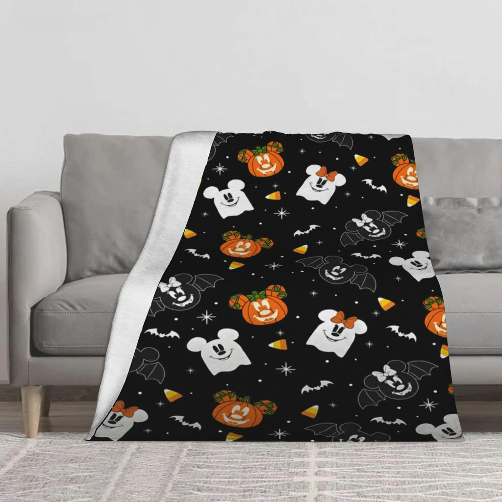 [SummerVibes] DISNEY CLASSIC Halloween Mickey and Minnie Flannel Blanket - Soft, Warm, Bat Cartoon Design, Sofa, Bed, Office, Blanket for Couch - View 2