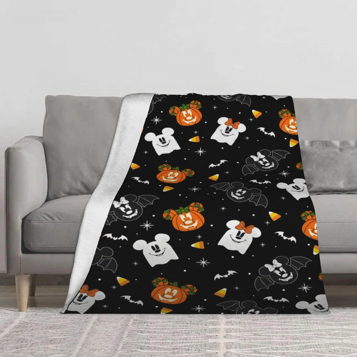 [SummerVibes] DISNEY CLASSIC Halloween Mickey and Minnie Flannel Blanket - Soft, Warm, Bat Cartoon Design, Sofa, Bed, Office, Blanket for Couch - View 2