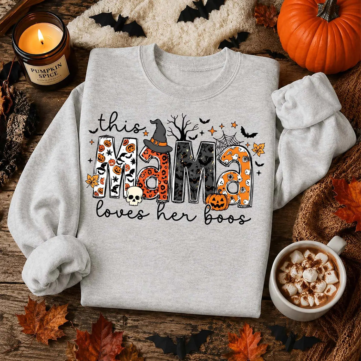 Women’s Halloween Mama Graphic Sweatshirt, Cute Pumpkin Bat & Witch Hat Crewneck Pullover, Cozy Long Sleeve Fall Top for Moms, Fun Spooky Season Shirt for Halloween Parties, Trick or Treat Nights, Weekend Wear & Autumn Gifts