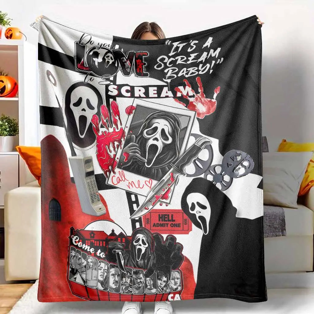 Scream Movie Ghostface Killer Graphic Flannel Blanket - UltraSoft, Anti-Pilling, Compact Size for Travel, Folds Flat Saves Space, Halloween Decor, Spooky Gift Idea, Scream Graphic Sparks Chills - View 1
