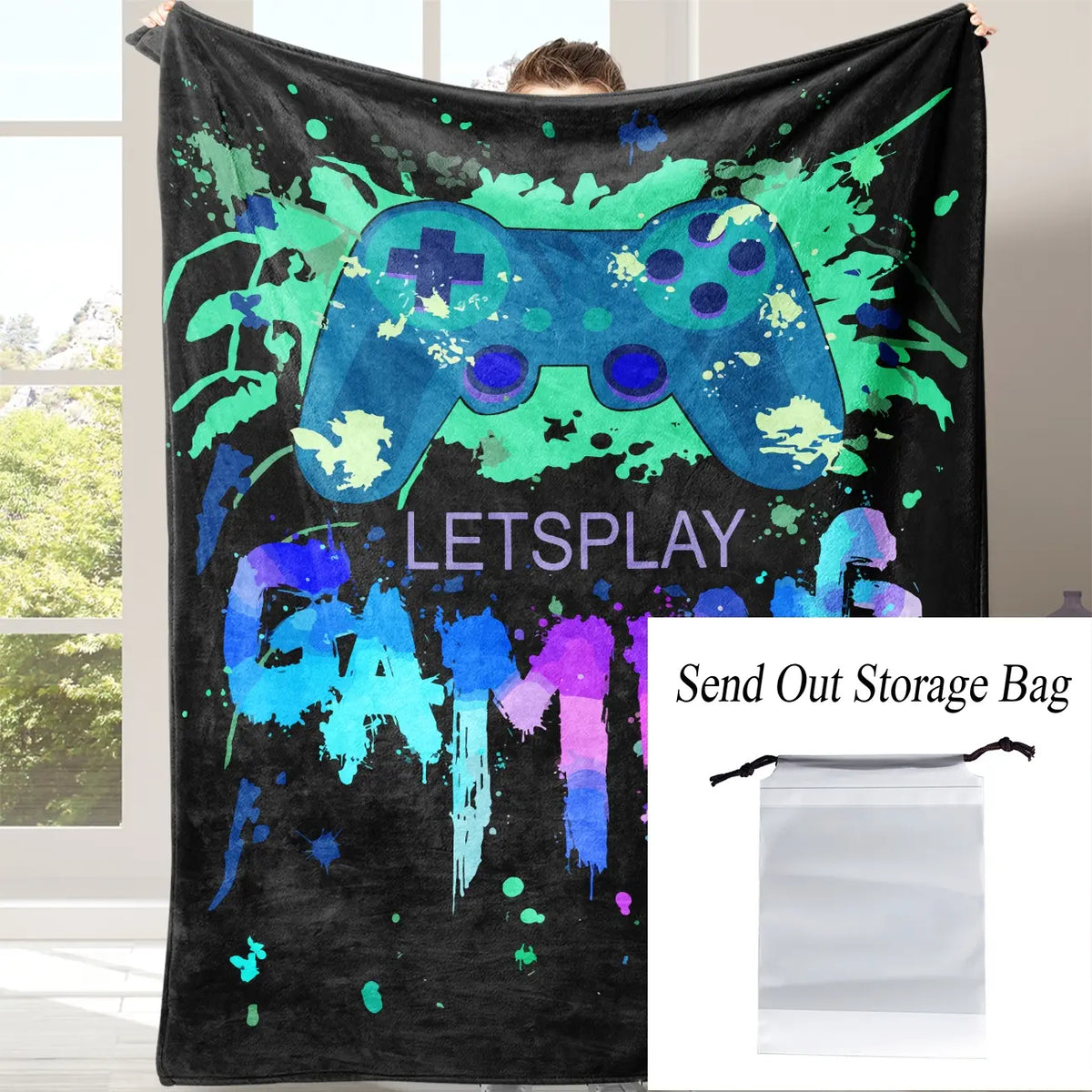 Gamepad Pattern Flannel with Storage Bag, 1 Count Soft Throw Blanket for Sofa, Bed, Couch, Warm & Comfortable Blanket for Home, Travel, Camping, Office, Flannel Throw Blankets, Lightweight Flannel Blanket, Soft Blankets and Throws - View 6