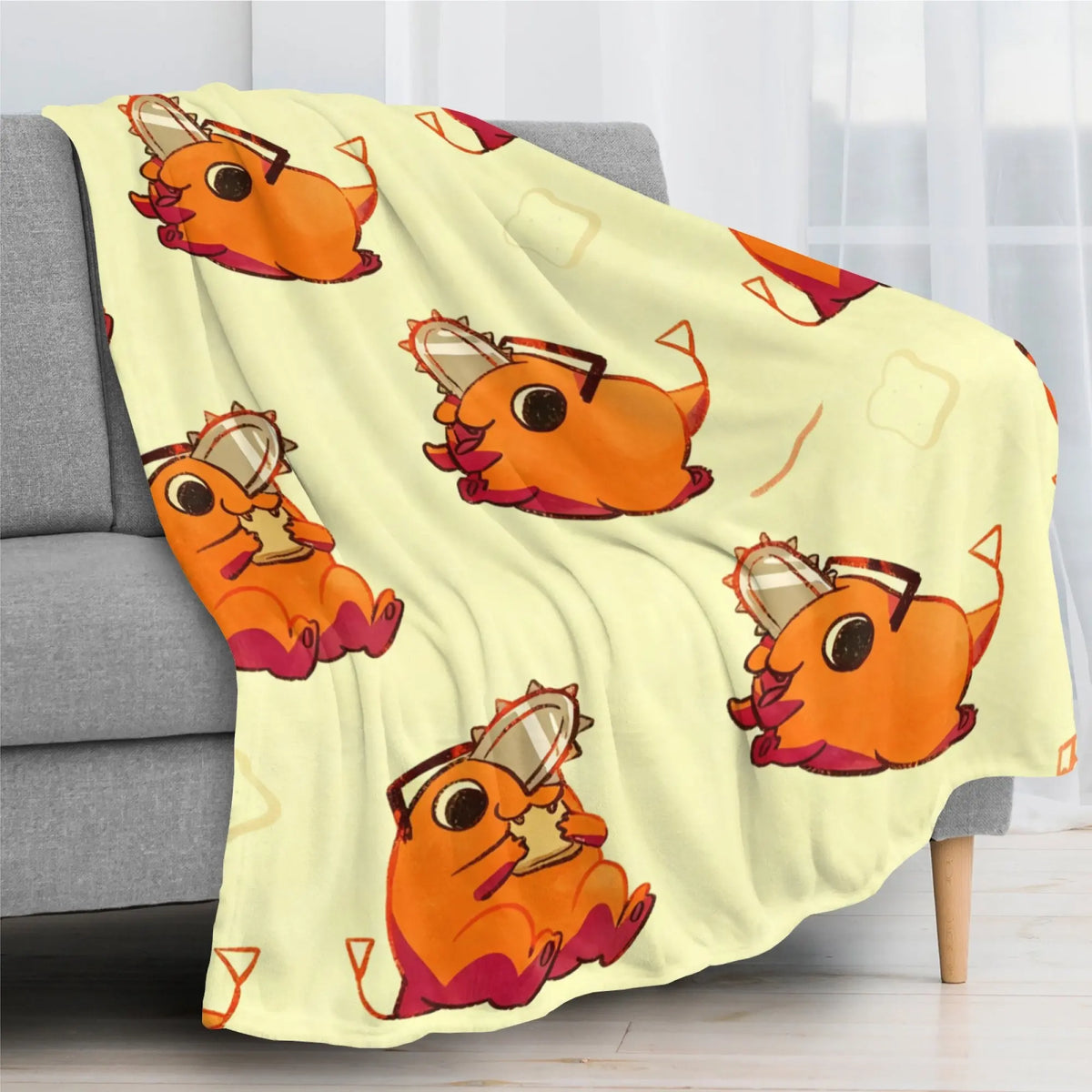Chainsaw Man Pochita Cute Pattern Flannel Blanket Light Yellow with Adorable Pochita Eating Toast Repeated in Playful Design for Fans - View 1