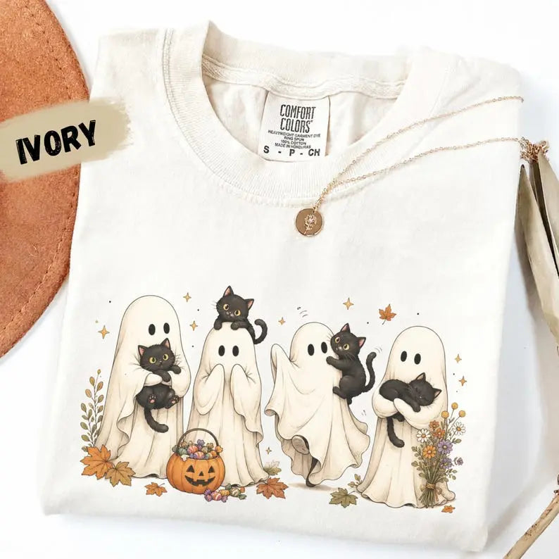 Comfort Colors Cute Ghost Cat Halloween T-Shirt, Spooky Season Tee, Black Cat Ghost TShirt, Cozy Fall Halloween Graphic T Shirt - View 7