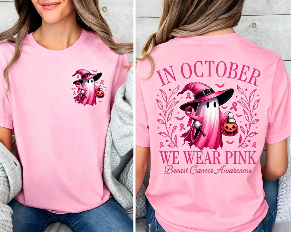 In October We Wear Pink Ghost Shirt, Halloween in October We Wear Pink, Breast Cancer Awareness Shirt,  Pink Ribbon Shirt, Wear Pink Pumpkin PGS0018