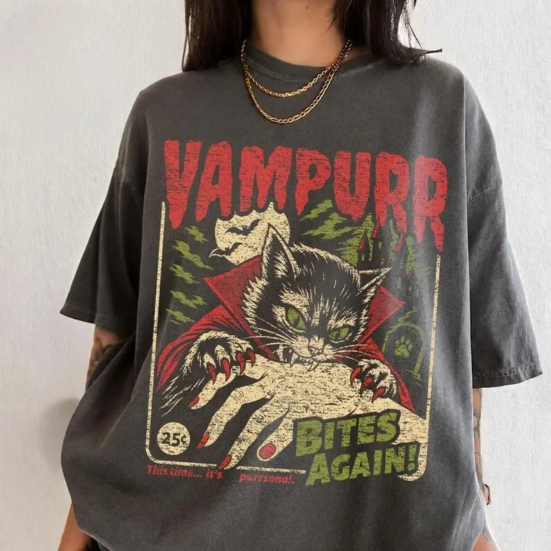 Comfort Colors Vampire Cat Shirt - Cotton Retro Halloween Tee in Multiple Colors