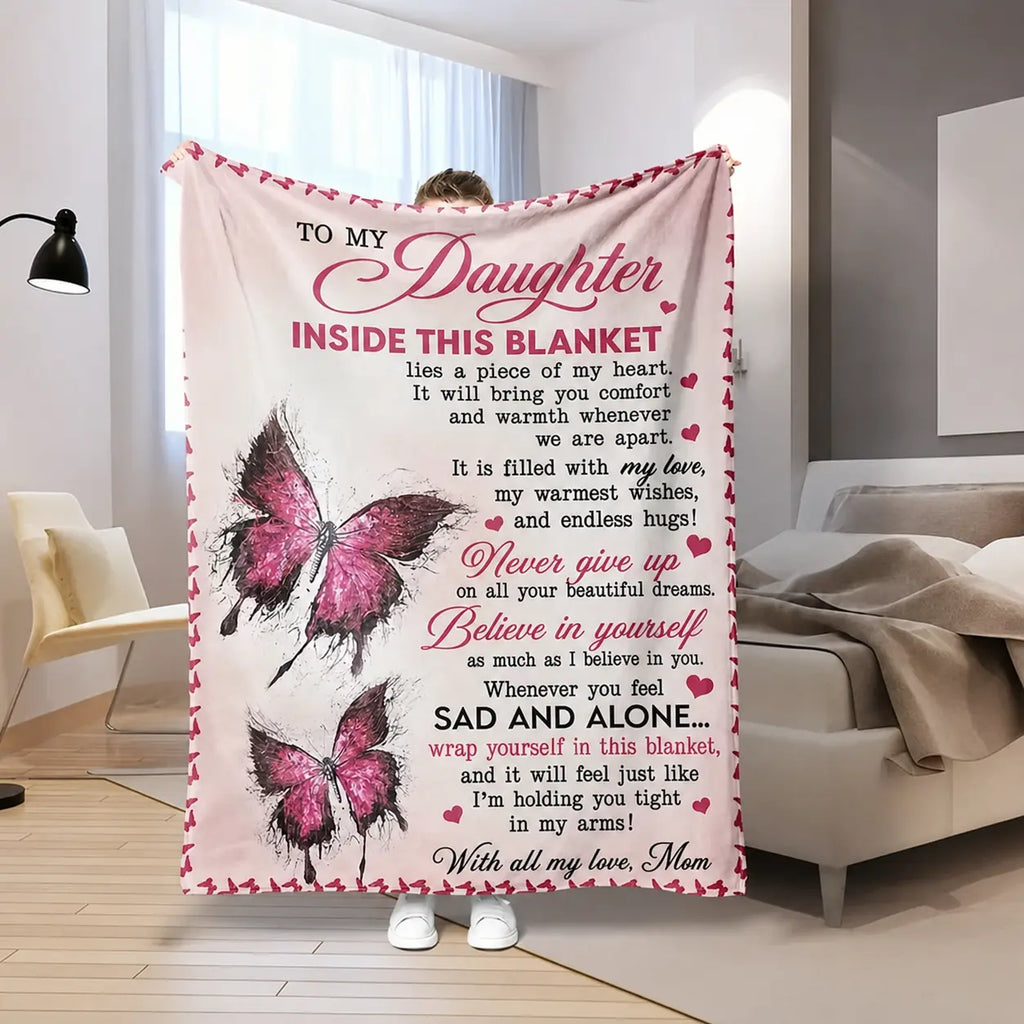 Mama&Papa Inspirational Blanket for Daughters&Son-the perfect graduation gift, birthday present, back-to-school gift, or Christmas present. Features pink butterfly embellishments and makes a lovely addition to your daughter’s bedroom. - View 22