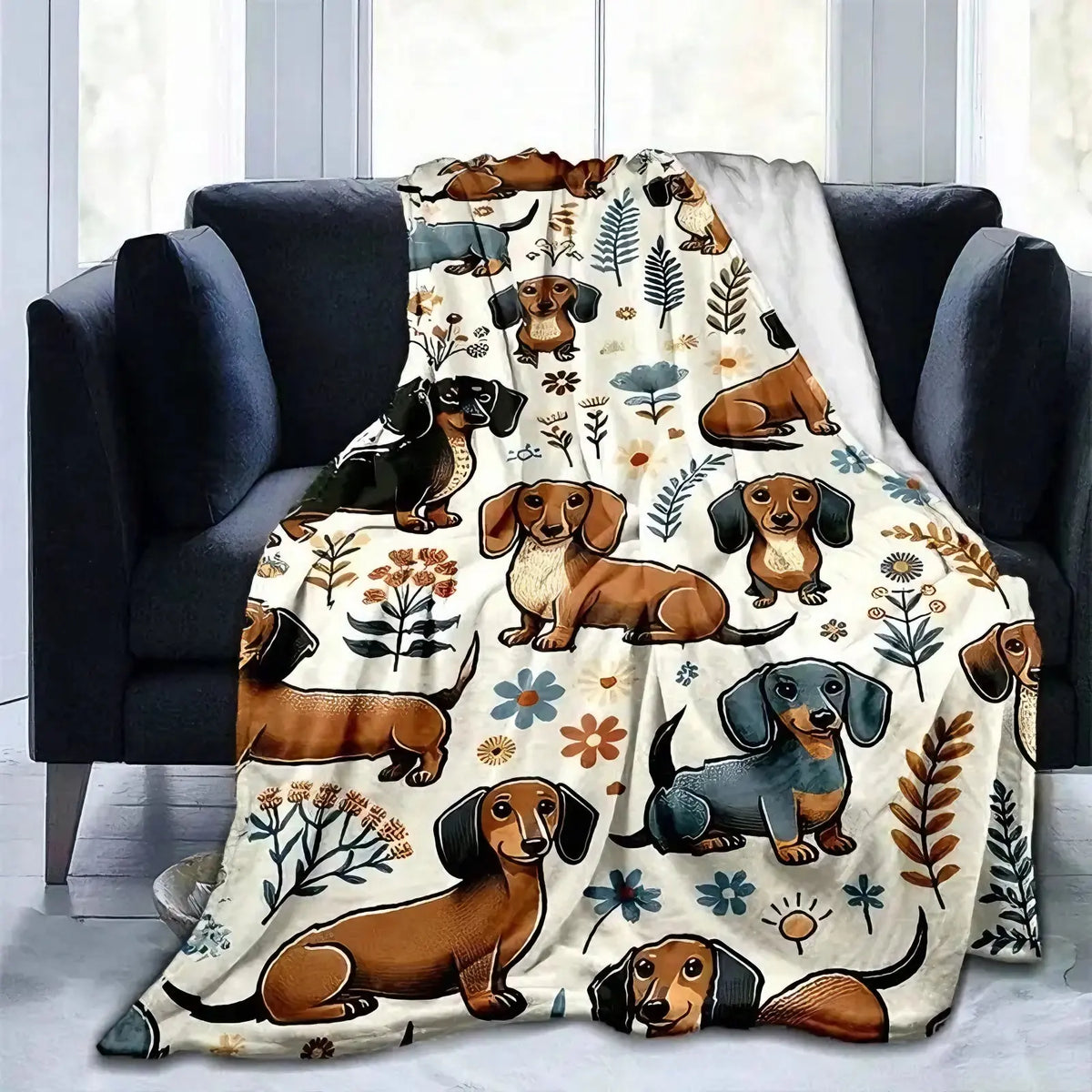 Super Soft Cute Dachshund Prints Flannel Printed 3D Blanket, As Birthday Gifts, Family, Wedding, Souvenir Blankets, Polyester Blankets Suitable For All Seasons, Washable, Machine Washable, Lightweight, Breathable, Comfortable, Warm, Unique - View 1