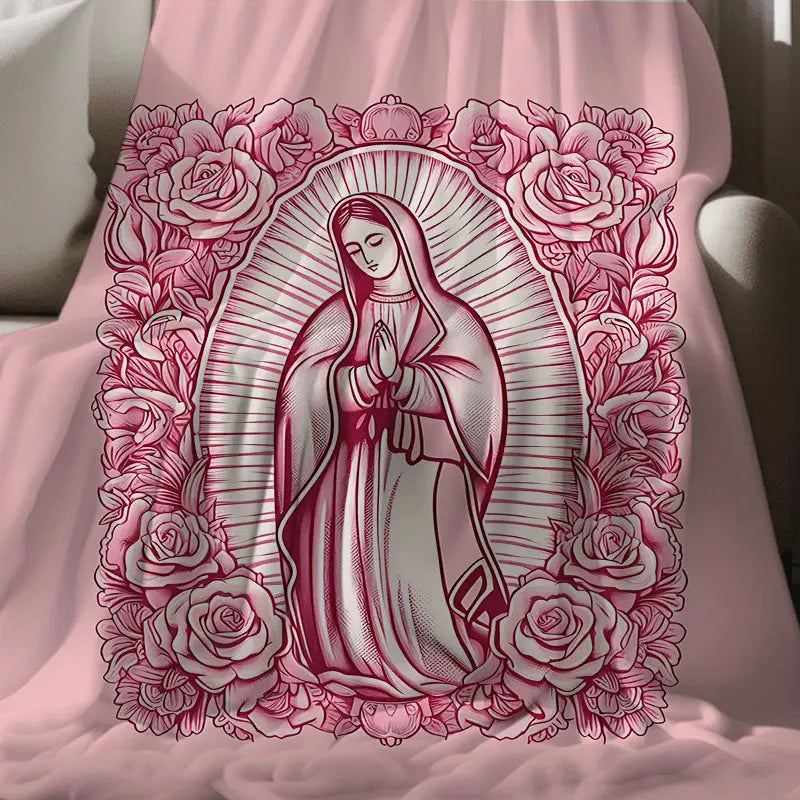 1 Piece Cozy Pink Virgin Mary Blanket-Super Soft Velvet with Floral Pattern, Perfect Gift for Mom, Grandma, Birthday and Valentine's Day, Perfect for Sofa, Bed, Travel and Living Room, multifunctional Blanket | Floral Blanket | Plush Texture,Meditation - View 1