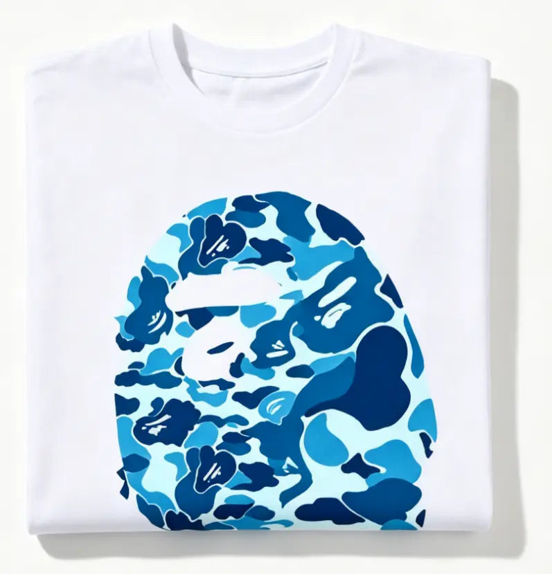 Vintage Blue Shade Camo Monkey Outline T-Shirt for Youth & Adults