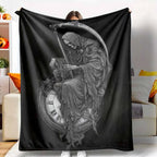 Grim Reaper Flannel Throw Blanket - Soft, Gentle on Skin, Death & Time Clock Print, Lightweight, Anti-Pilling, Wrinkle Resistant, Gothic Home Decor, Halloween Gift for Dark Fantasy Lovers, Cozy Warm Bedding Blanket - View 1