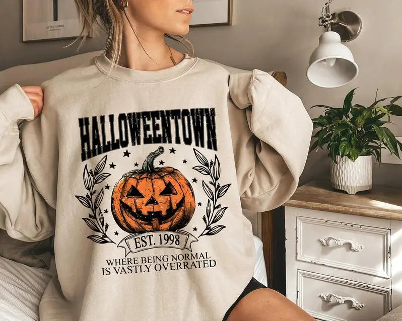 Halloweentown University Shirt - Sweatshirt - Hoodie, Halloween Town Est 1998 Sweatshirt, Fall Sweatshirt, Vintage Pumpkin Shirt, Women Halloween Sweatshirt, Spooky Season, Halloween Gift, Full Color, For Men, For Women, Casual, Classic Fashion, Tee Print