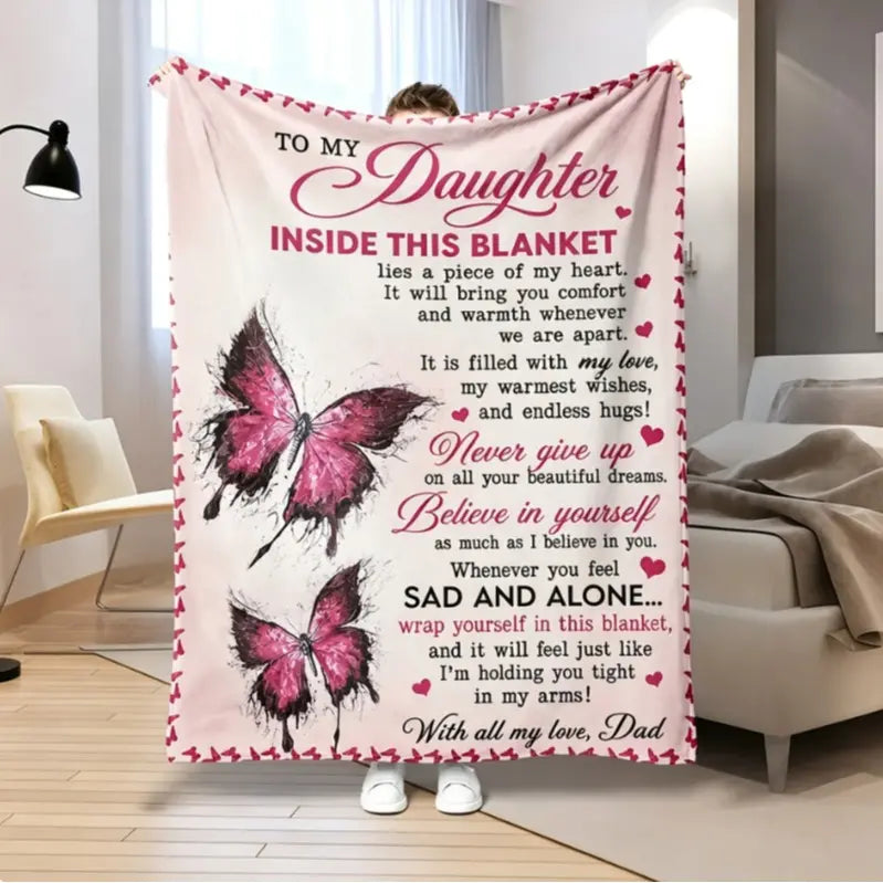 Mama&Papa Inspirational Blanket for Daughters&Son-the perfect graduation gift, birthday present, back-to-school gift, or Christmas present. Features pink butterfly embellishments and makes a lovely addition to your daughter’s bedroom. - View 27
