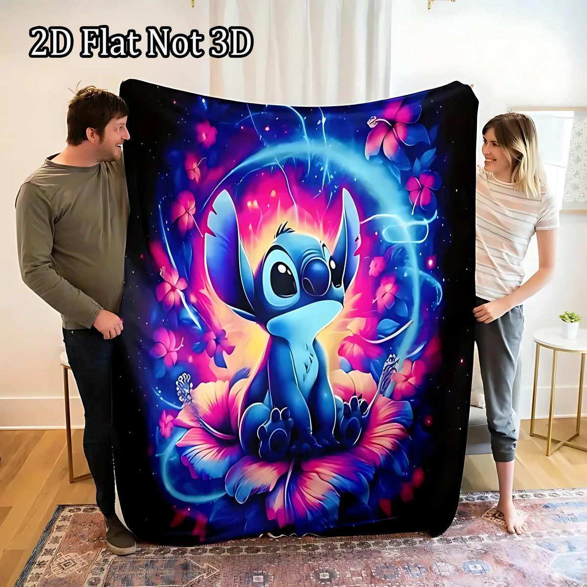 [SummerVibes] DISNEY CLASSIC Stitch Flannel Blanket - Soft, Warm, Vibrant Blue & Purple Design with Glowing Orbs & Floral Accents, Machine Washable, Ideal for Sofa, Bed, Beach - View 1