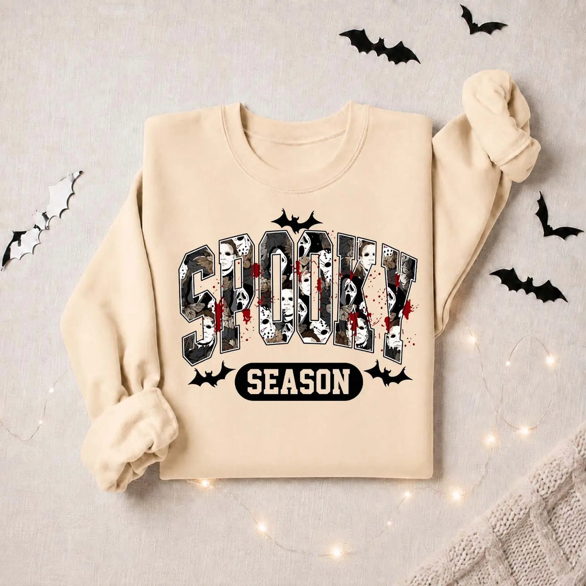 Women’s Spooky Season Graphic Sweatshirt, Horror Mask Collage Crewneck Pullover, Halloween Bat Print Long Sleeve Fall Top, Cozy Casual Autumn Shirt for Haunted House Nights, Halloween Parties, Weekend Wear & Seasonal Outfits