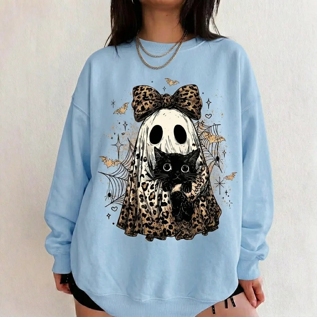 Leopard Ghost Cat Halloween Sweatshirt, Cute Spooky Black Cat Graphic Shirt, Coquette Bow Ghost Fall Outfit