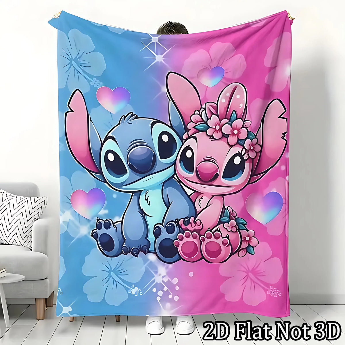 [SummerVibes] DISNEY CLASSIC Stitch & Angel Flannel Blanket - Soft, Warm, Lightweight with Vibrant Cartoon Design, Sofa, Bed, Office, Blanket for Couch - View 1