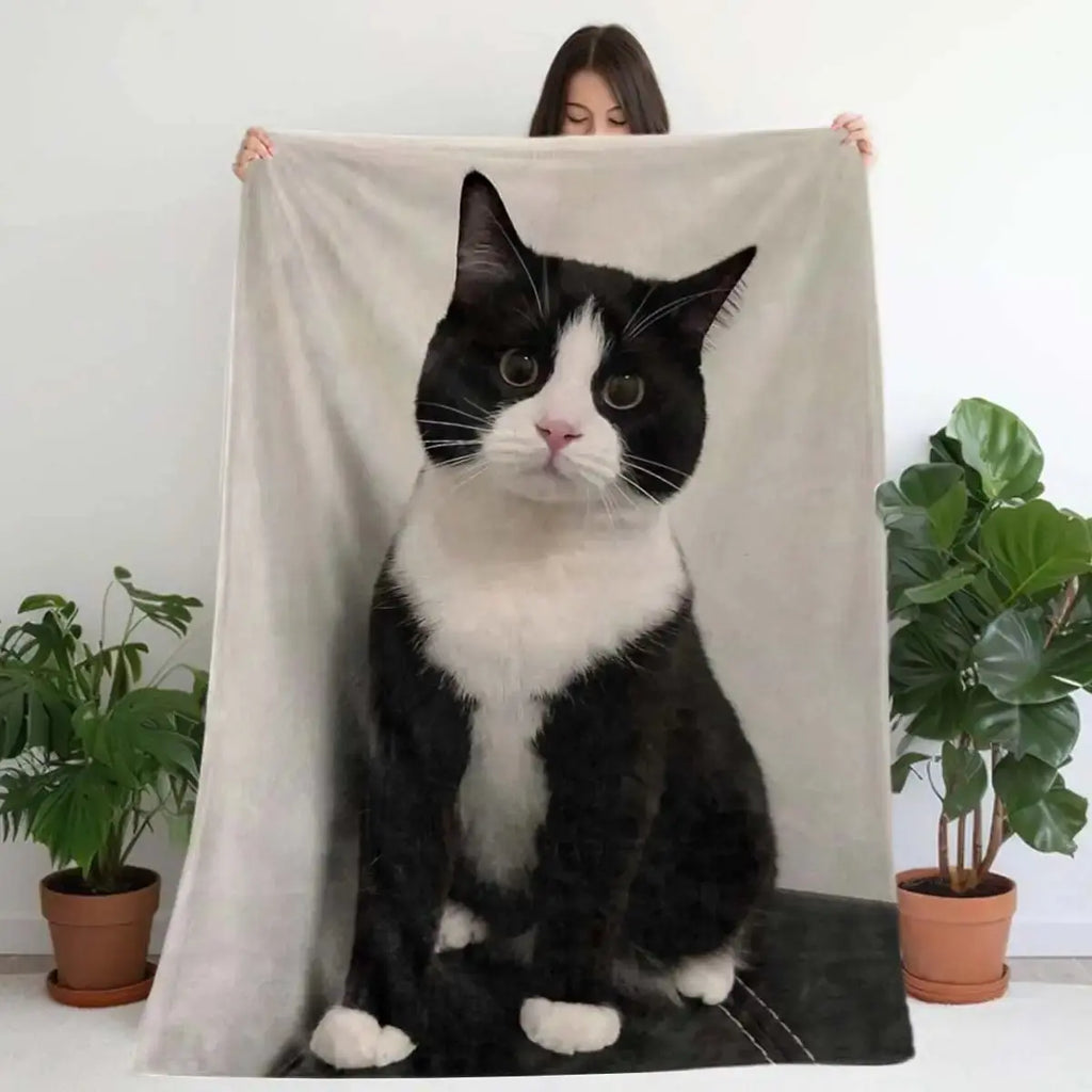 Vintage Soft Flannel Animal Blanket - Iconic Tuxedo Cat Design, Black Printed Black & White Tabby/Brown Retro Beige Patterns, Hand Wash Only, for Bed/Sofa, Perfect Gift for Cat Lovers, Animal Blankets, Black Printed Blankets - View 1