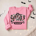 Women’s Spooky Season Graphic Sweatshirt, Horror Mask Collage Crewneck Pullover, Halloween Bat Print Long Sleeve Fall Top, Cozy Casual Autumn Shirt for Haunted House Nights, Halloween Parties, Weekend Wear & Seasonal Outfits