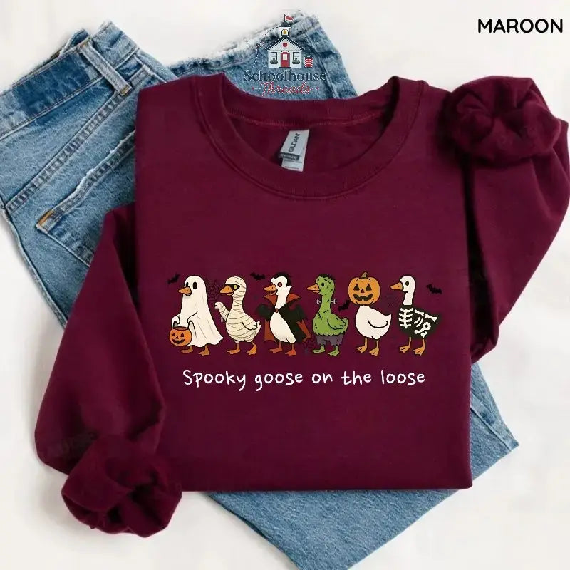 Spooky Goose on the Loose Sweatshirt, Funny Halloween Goose Graphic, Unisex Crewneck for Fall, Apparel Made In The US - Caps Apparel - View 2