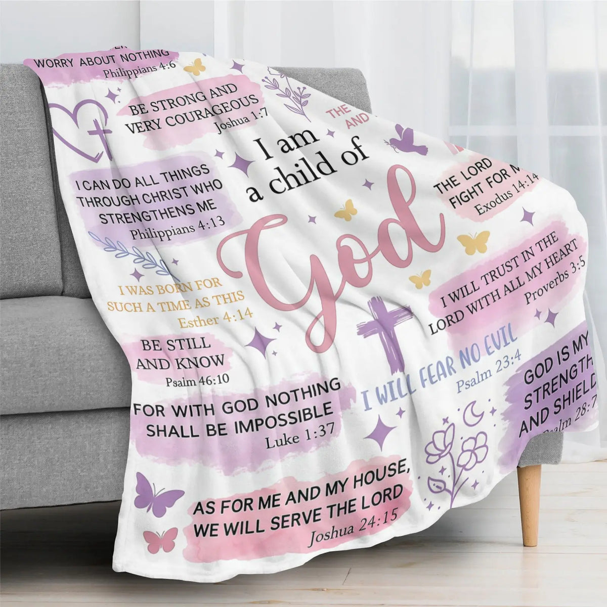 Faith-Based Printed Flannel Soft Throw Blanket (60x80 in) - "I Am A Child Of God" Bible Quote Collage, Pastel Watercolor Religious Print, Blankets for Sofa, Girl Room Decor, Heartwarming Gift for Girls,back to school,back to school shopping,home decor - View 5