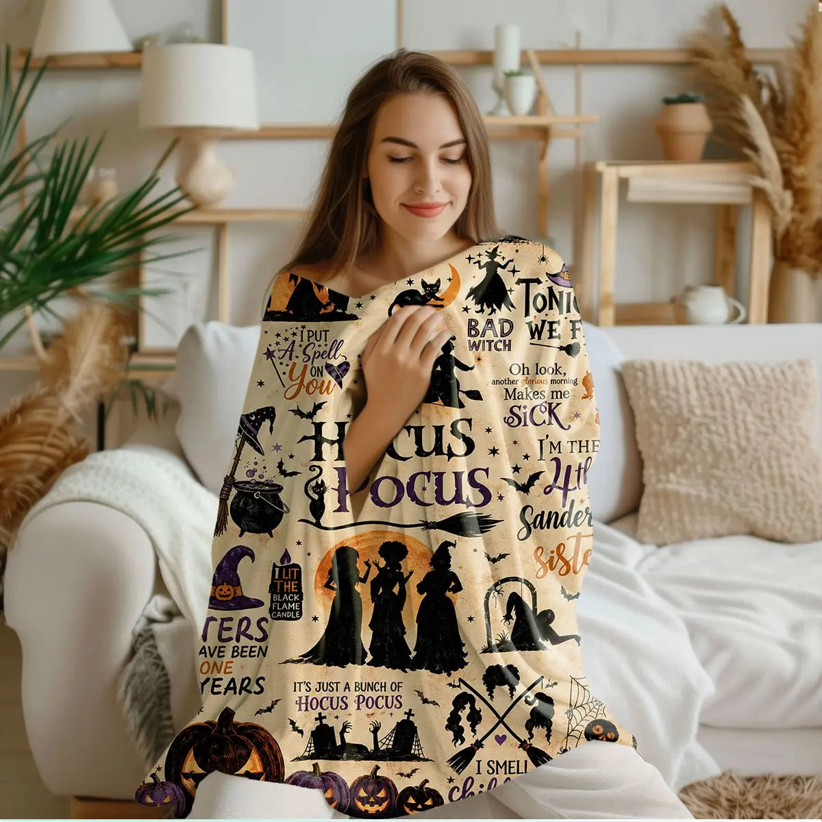 Comfortable Halloween Three Witches & Pumpkin Print Flannel Blanket, Soft Warm Anti-Pilling Cozy Throw, Ideal Fall & Winter Gift, Fall Blankets - View 8
