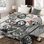 Ghost Face Roses Floral Cassette Embroidery Flannel Blanket - Soft, Warm, Lightweight, Wrinkle Resistant, Art Print Throw with Floral Accents & Face Print Option, Bedroom Decor, Halloween Decorations, House Decor Gift - View 3