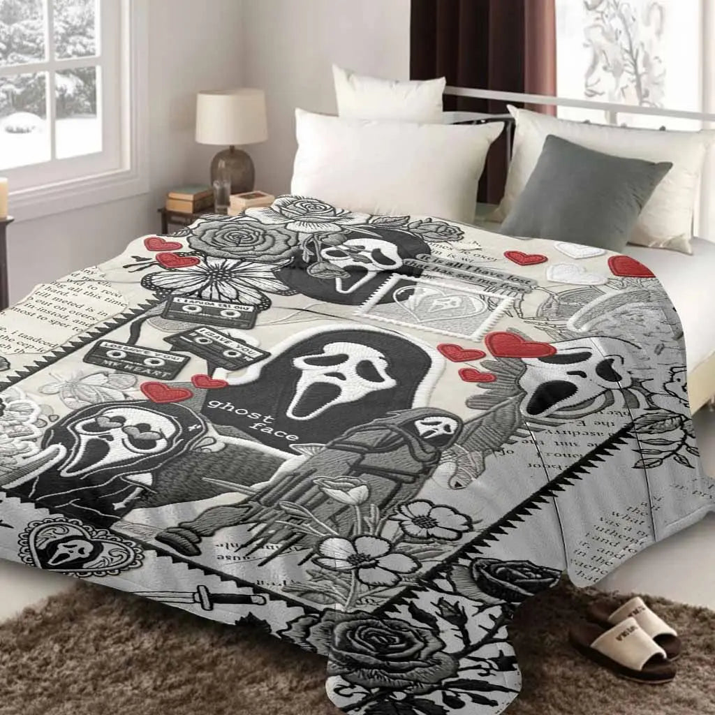 Ghost Face Roses Floral Cassette Embroidery Flannel Blanket - Soft, Warm, Lightweight, Wrinkle Resistant, Art Print Throw with Floral Accents & Face Print Option, Bedroom Decor, Halloween Decorations, House Decor Gift - View 3