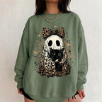 Leopard Ghost Cat Halloween Sweatshirt, Cute Spooky Black Cat Graphic Shirt, Coquette Bow Ghost Fall Outfit