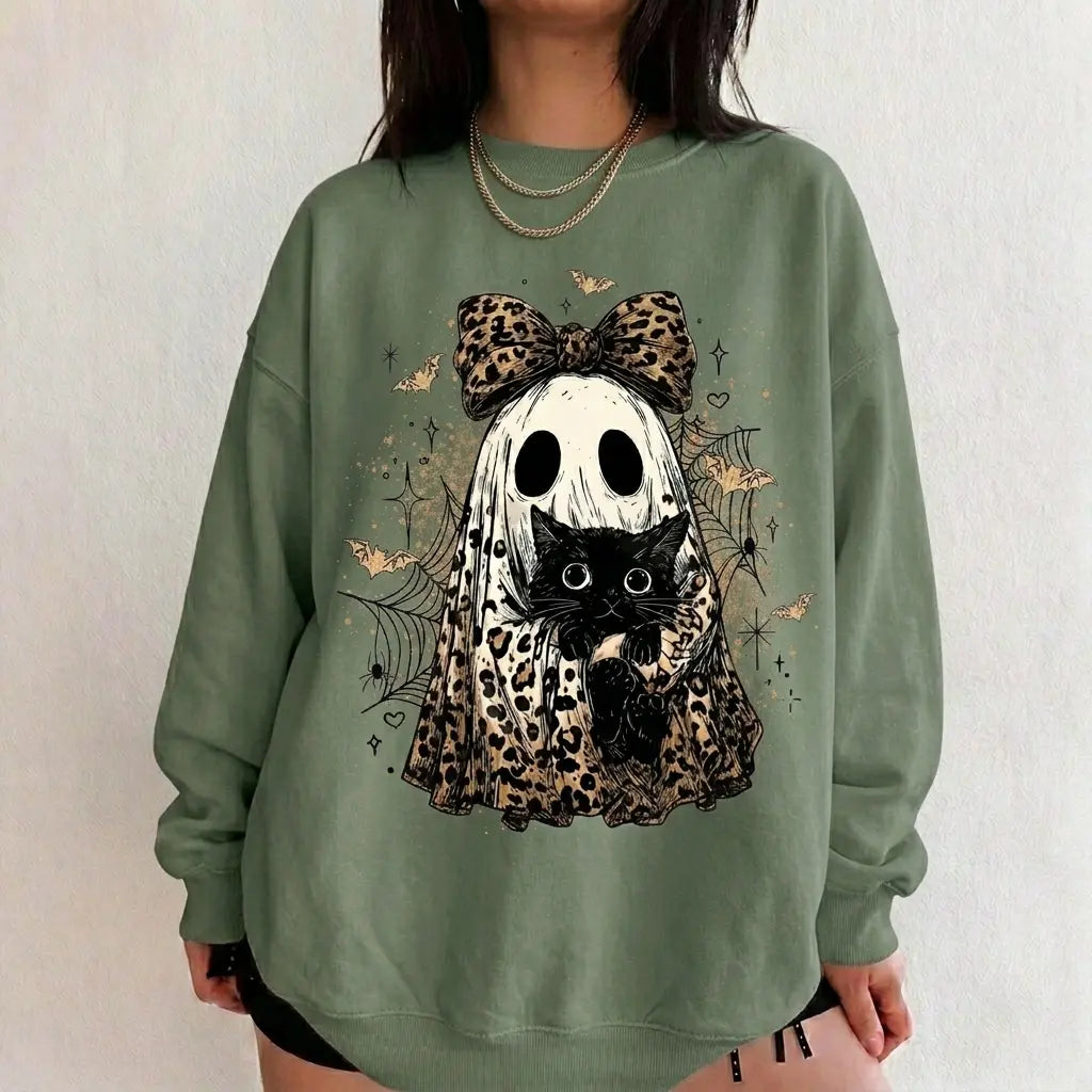 Leopard Ghost Cat Halloween Sweatshirt, Cute Spooky Black Cat Graphic Shirt, Coquette Bow Ghost Fall Outfit