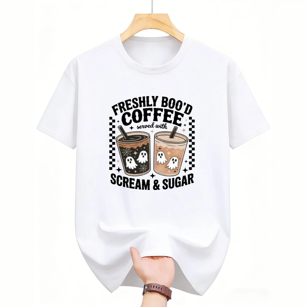 Ghost Coffee Halloween T-Shirt, Cute Spooky Season Graphic Tee, Trendy Retro Ghost Shirt, Cozy Fall Halloween Apparel for Women