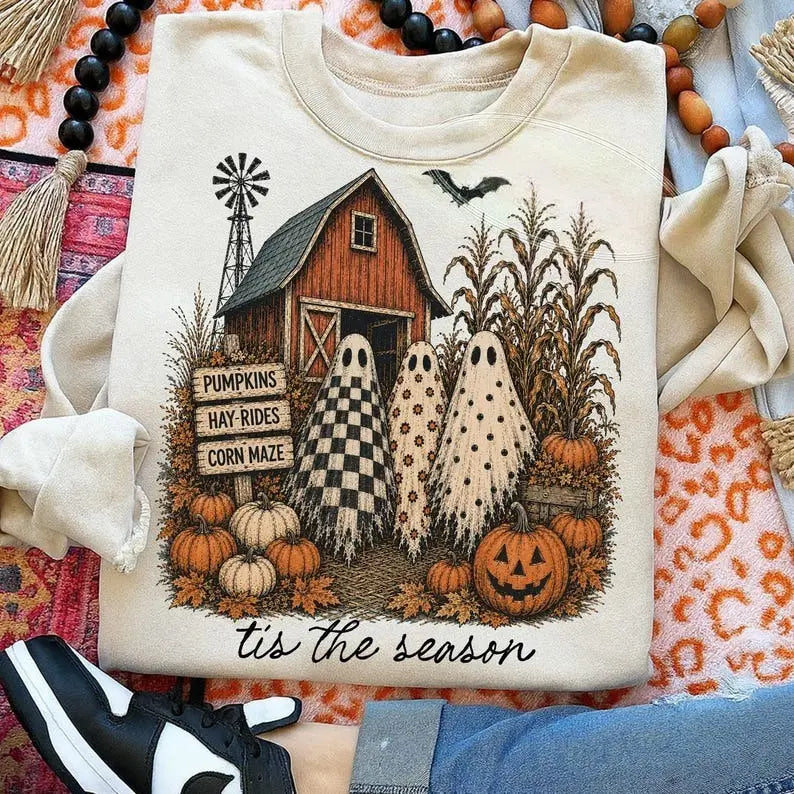 Tis The Season Ghost Trio shirt, Pumpkin Patch Ghosts Shirt, Farmhouse Halloween Shirt, Checkered Floral Polka Dot Ghosts, Fall Tshirt
