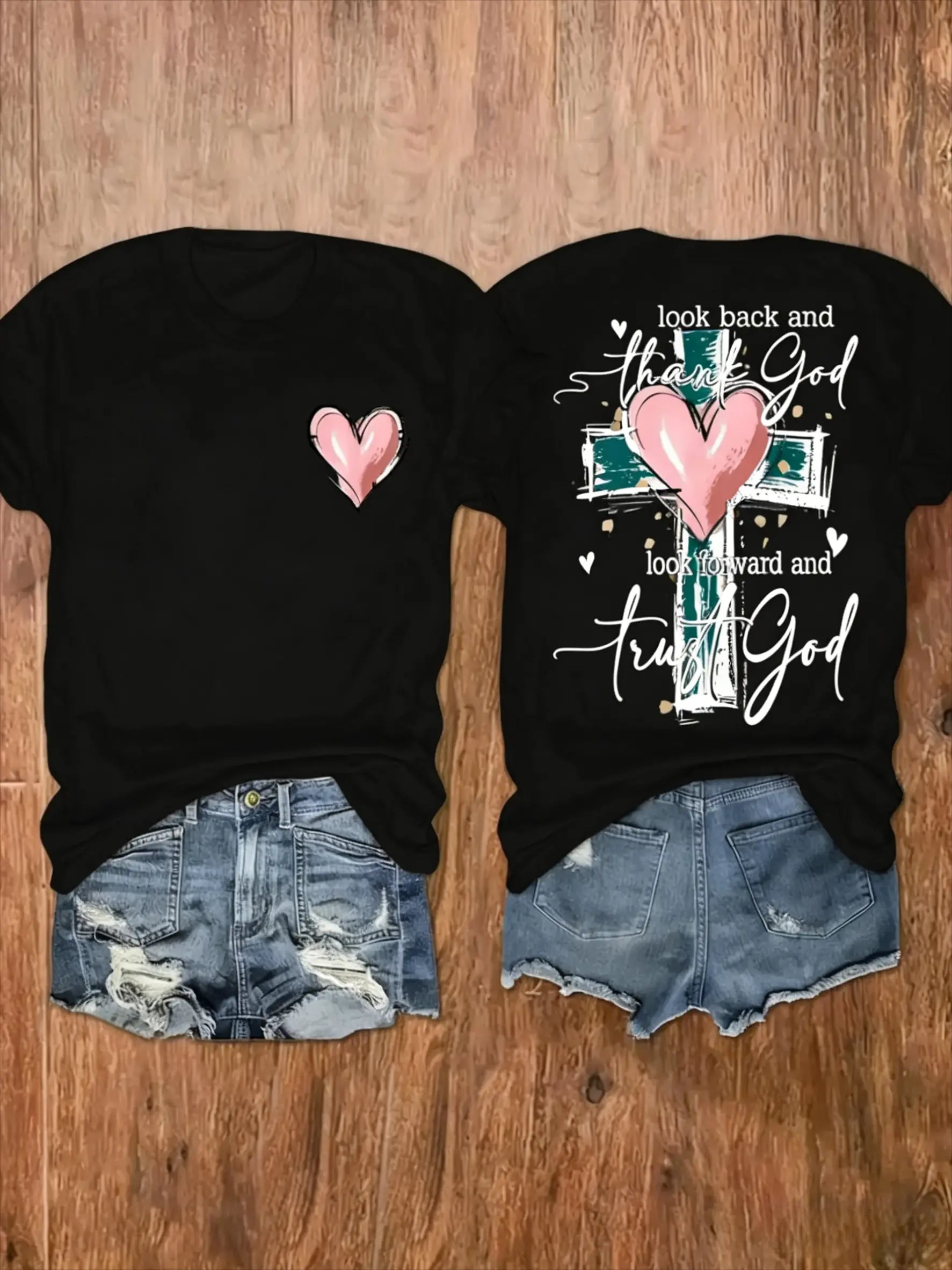 Thank God Trust God Faith Quote Pink Heart Cross Tee