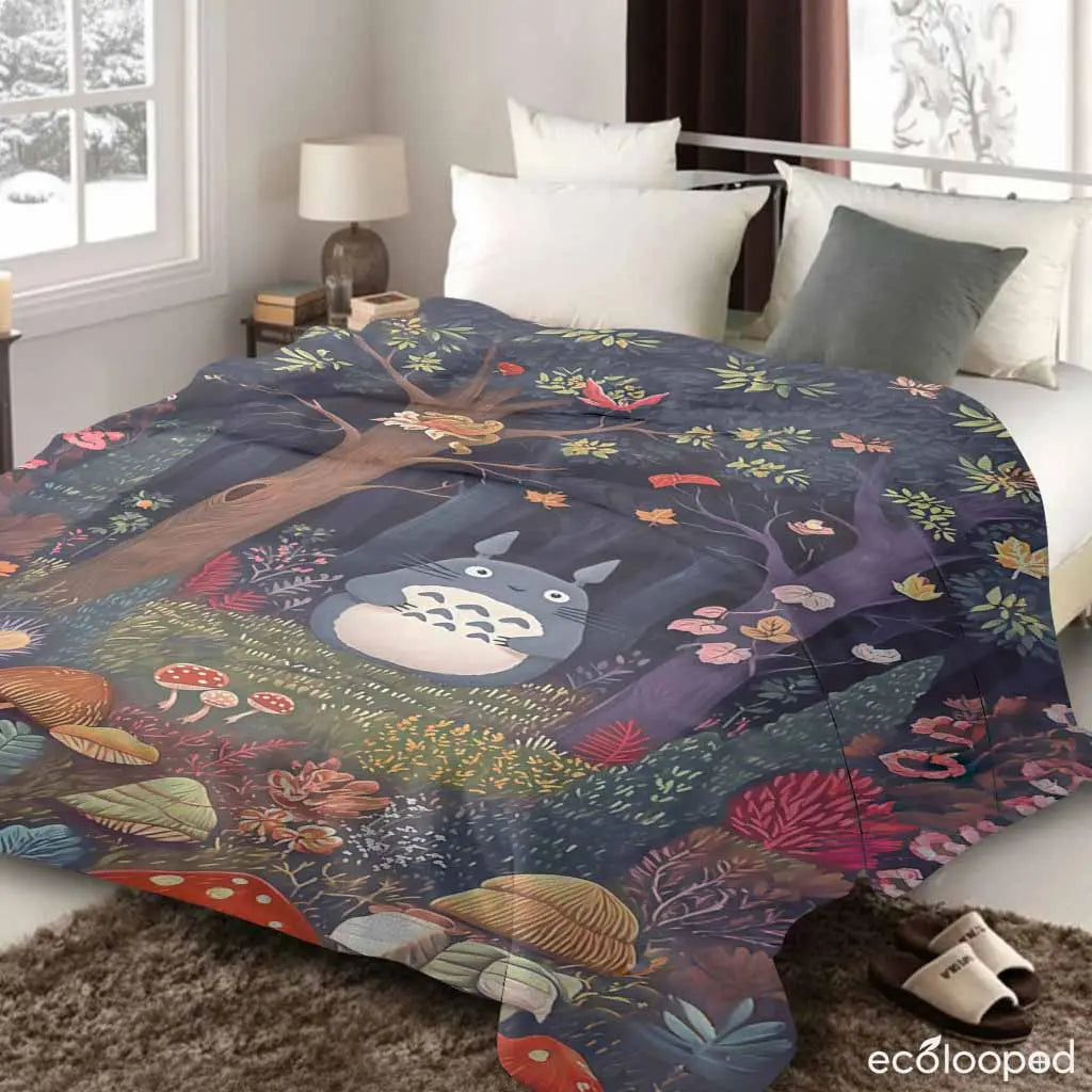 Totoro Flannel Throw Blanket - 60×80in Bed Cover, Whimsical Fantasy Animation Theme, Wrinkle-Resistant, Anti-Pilling Enchanted Forest Print, Super Soft Breathable, Built to Last Daily Use Home Textile, Ideal Gift for Animation Lovers - View 3