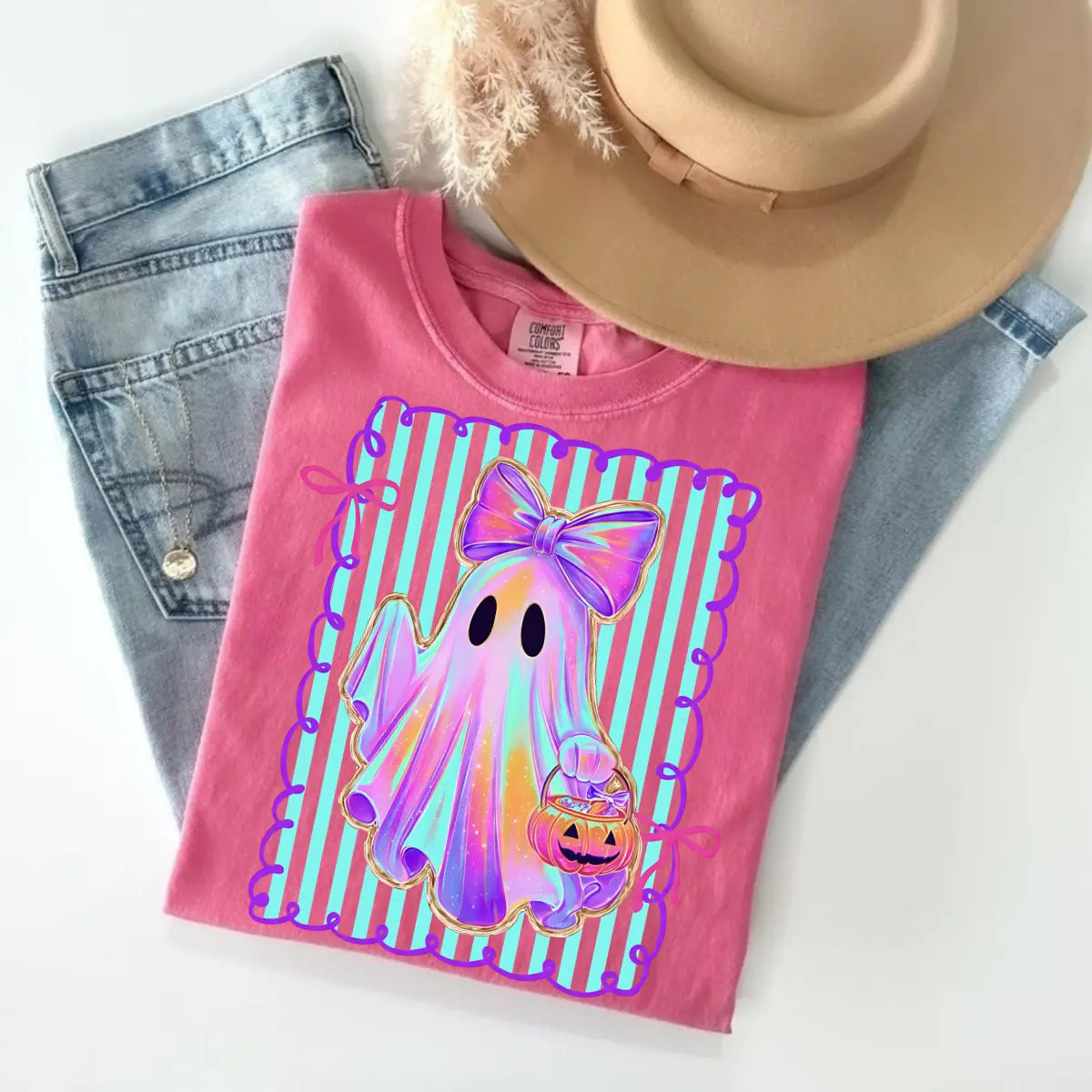 Comfort Colors Preppy Halloween Ghost Shirt, Cute Boo Ghost Coquette Tee, Floral Spooky Season Pumpkin Shirt, Girly Retro Halloween Apparel for Women - View 21