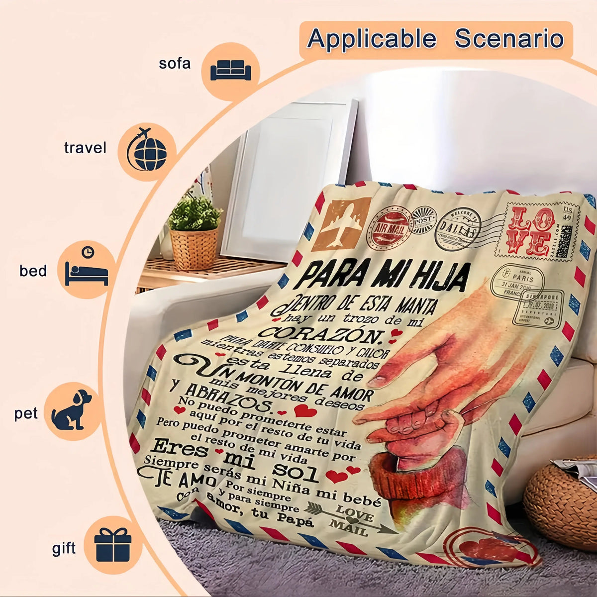 A Spanish letter: papa gives a blanket to his daughter, papa & mama give Birthday gift for son & daughter. A soft and comfortable flannel blanket, perfect for various occasions, a Valentine's Day gift.Easter Gifts for Kids - View 5