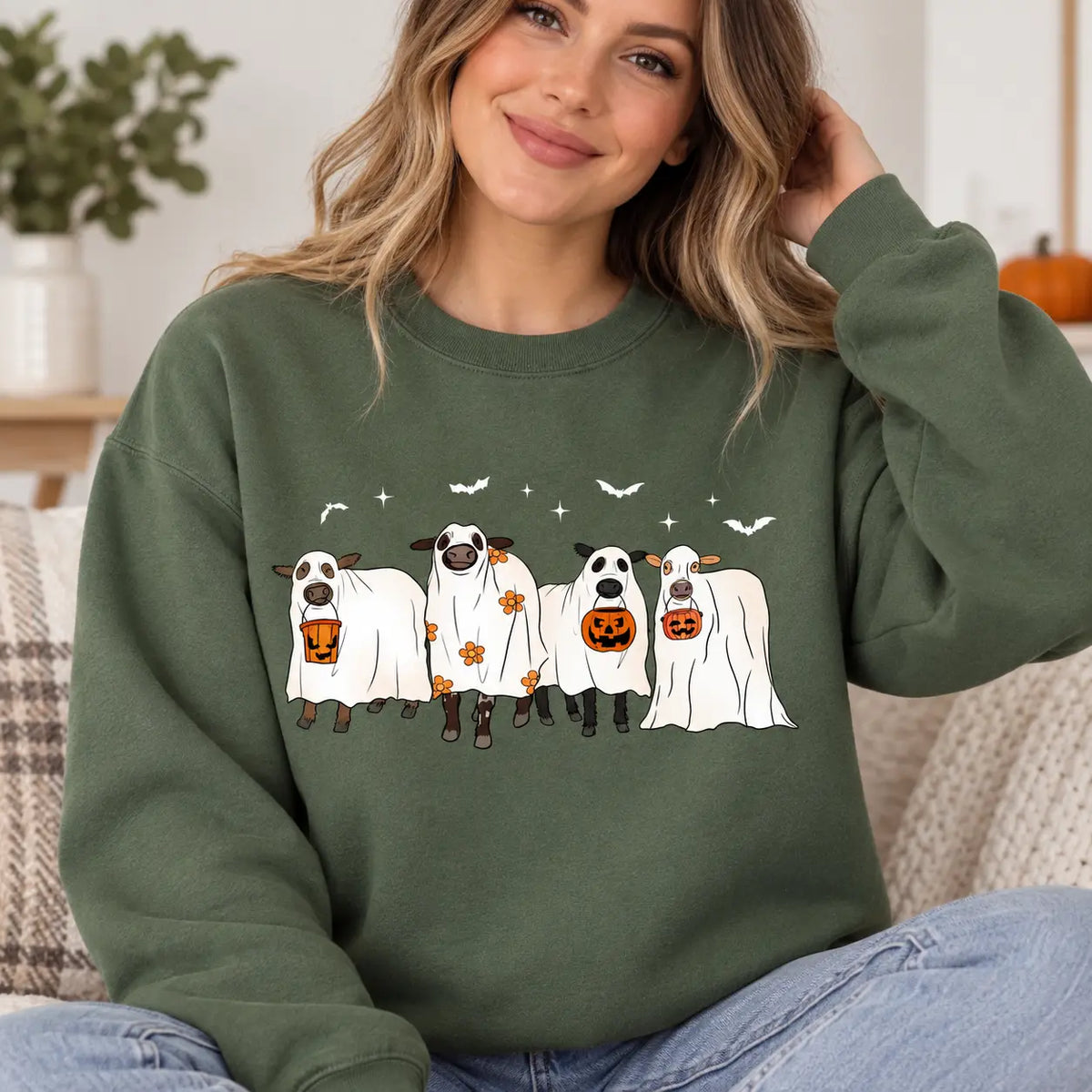 Ghost Cows Halloween Crewneck - Sweatshirt - Hoodie, Gildan Sweatshirt, Full Color, For Men, For Women, Casual, Classic Fashion, Full Sizes, Tee Print Womenswear Tops