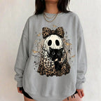 Leopard Ghost Cat Halloween Sweatshirt, Cute Spooky Black Cat Graphic Shirt, Coquette Bow Ghost Fall Outfit