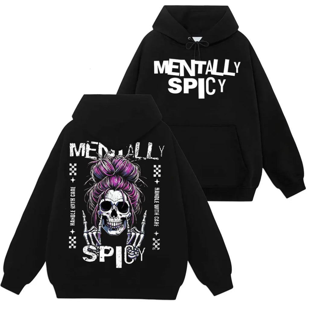 Men's Baggy Pullover Hoodie - Funny Spooky Skeleton Hands & Skull Messy Bun Graphic Print Classic Top, Soft Cotton Casual Alternative Ghost Style, for Party, Check Size Chart, Cute, Hand Wash, Do Not Bleach,sohochic