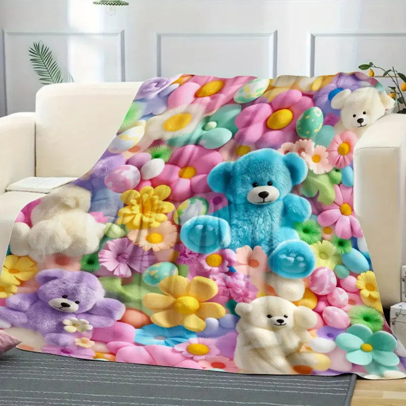 2D Teddy Pastel Floral Print Throw Blanket - Kawaii Plush Super Soft Cozy Aesthetic Throw for Bedroom Room Decor, Whimsical Home Decor Item, Cool Gift for Kids - View 8