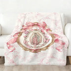 Our Lady of Guadalupe Pink Bow Frame Art Flannel Blanket - Super Soft Warm Wrinkle Resistant Polyester Throw with Colorful Cute Sloth Design, Comfy Vibes Cozy Style - Ideal for Bed, Sofa - Unique Gifts for Women - View 5
