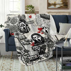 Ghost Face Roses Floral Cassette Embroidery Flannel Blanket - Soft, Warm, Lightweight, Wrinkle Resistant, Art Print Throw with Floral Accents & Face Print Option, Bedroom Decor, Halloween Decorations, House Decor Gift - View 2