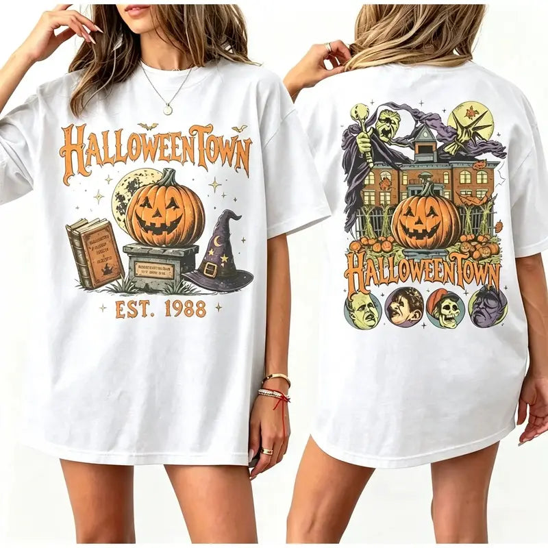 Vintage  Pumpkin Witch Spooky Halloween Double-sided T-shirt, Retro Halloween Tee, Spooky Season T-shirt, 90s Halloween Shirt