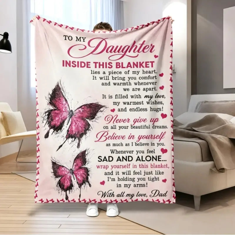 Mama&Papa Inspirational Blanket for Daughters&Son-the perfect graduation gift, birthday present, back-to-school gift, or Christmas present. Features pink butterfly embellishments and makes a lovely addition to your daughter’s bedroom. - View 25