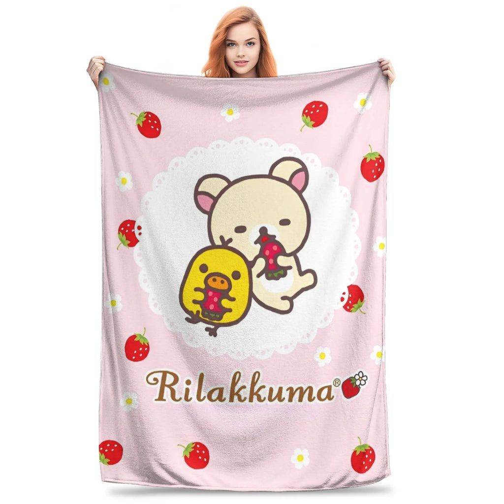 Kawaii Rilakkuma Knitted Flannel Throw Blanket - Figure Print Bed Accessories, Cutecore Stuff, Cozy Girly Room Stuff, Teen Room Decor, Soft Warm Summer AC Use, Home Goods Gift for Girls - View 16