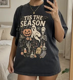 Halloween shirt, vintage "Tis The Season" skull pumpkin ghost T-shirt, vintage Y2K Halloween pattern shirt, women's horror season top - View 2