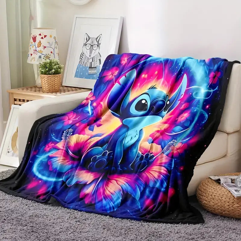 [SummerVibes] DISNEY CLASSIC Stitch Flannel Blanket - Soft, Warm, Vibrant Blue & Purple Design with Glowing Orbs & Floral Accents, Machine Washable, Ideal for Sofa, Bed, Beach - View 2