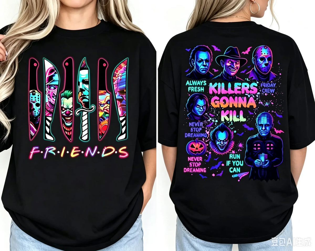 Halloween Horror T-shirt, Spooky Neon T-shirt, Horror Characters Halloween Gift, Horror Movie T-shirt, Spooky Season Shirt