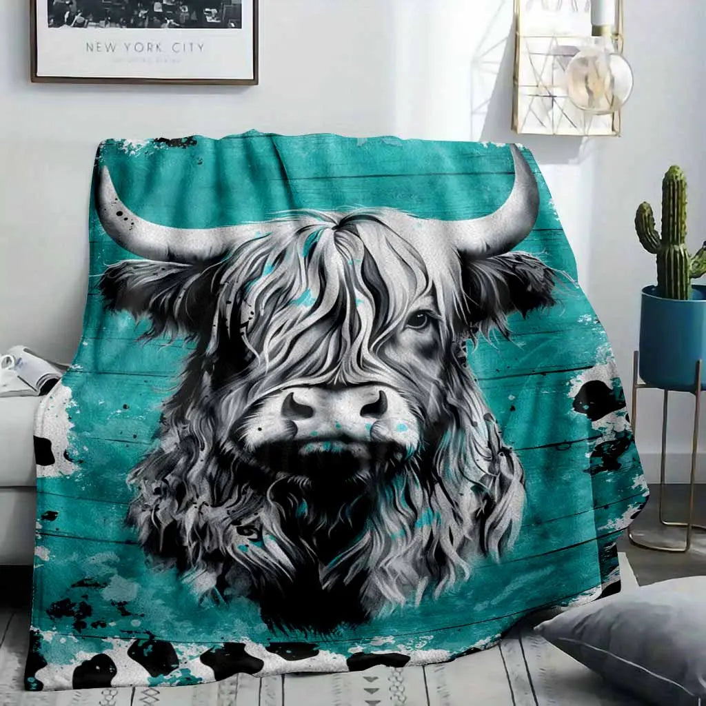 Highland Cow Flannel Blanket - Turquoise Abstract Animal Print, Soft Warm Lightweight, Wrinkle Resistant, Anti-Pilling, Color Stays Vivid Longer, Cozy Throw for Living Room Decor, Bedroom Sofa, Home Gift & Cozy Setup, Indoor/Outdoor - View 2