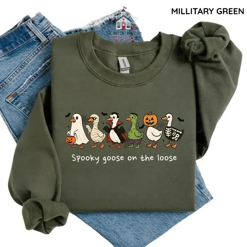 Spooky Goose on the Loose Sweatshirt, Funny Halloween Goose Graphic, Unisex Crewneck for Fall, Apparel Made In The US - Caps Apparel - View 1