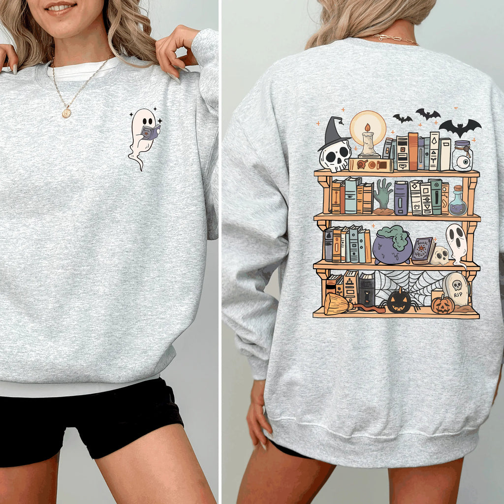 Reading Ghost, Halloween, Library, Spooky, Front and Back, Teacher, Boo, Cute Sweatshirt - View 1